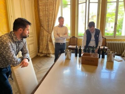 Patrick & Donal tasting the 2022 vintage at Château Ausone with Edouard Vauthier